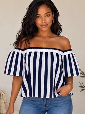 Navy and White Striped Off-Shoulder Top
